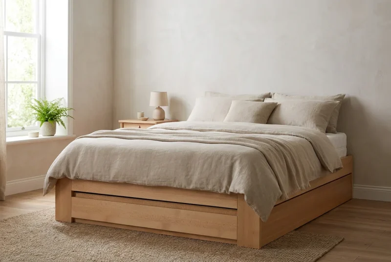 Łóżko bukowe LK 187 BOX w sypialni